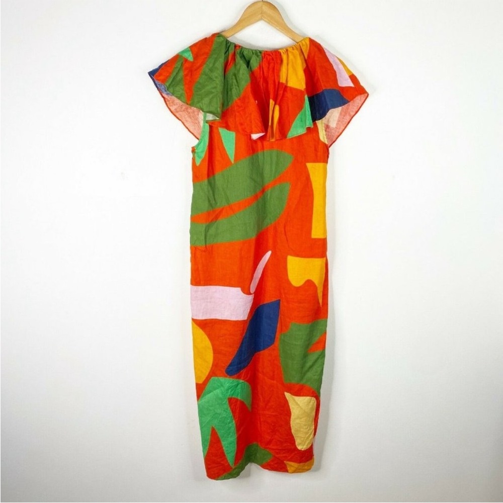 Mara Hoffman Julietta Colorful Linen Ruffle V-Neck Vacation Midi Dress - XS - Picture 2 of 7